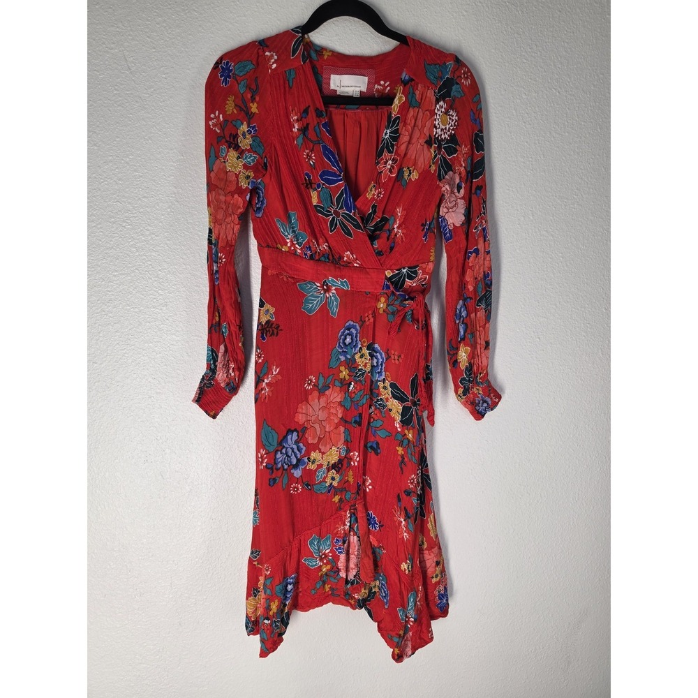 By Anthropologie Midi Dress Size 2 Boho Floral Red Long Sleeve V-Neck Faux Wrap